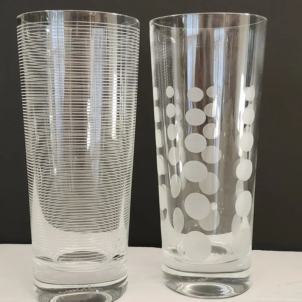 Vtg 2 Mikasa Cheers Highball Etched Glasses Pin Stripes & Dots New Y2K